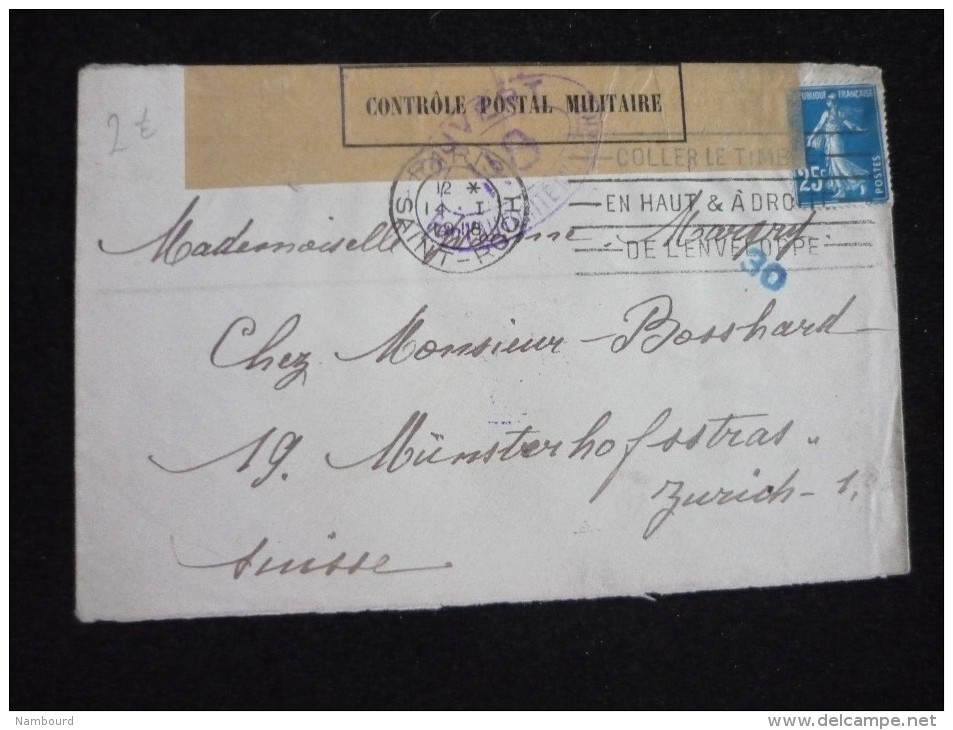 Controle Postal Militaire Lettre De Paris Pour Zurich 14/01/1918 - Sonstige & Ohne Zuordnung