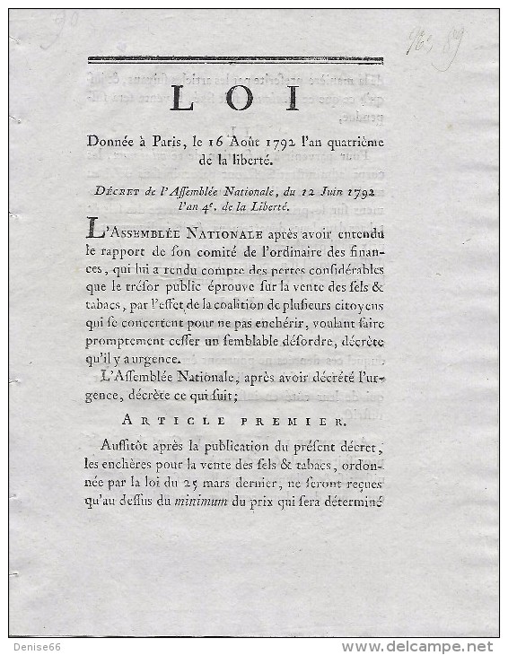 L´an 4 De La Liberté/12 Août 1792 - PERTES CONSIDÉRABLES Sur La VENTE Des SELS & TABACS - MINIMUM Des Prix - Documents Historiques
