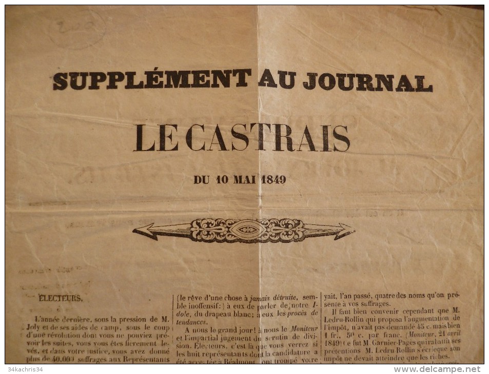 Supplément Au Journal Le Castrais Du 10 Mai 1849 Elections Castres - 1800 - 1849