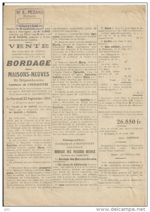 L HERMITIERE VENTE BORDAGE DES MAISONS NEUVES NOTAIRE BARRE LE THEIL SUR HUISNE ANNEE 1931 FAMILLE GOUHIER MARY EPINETTE - Affiches