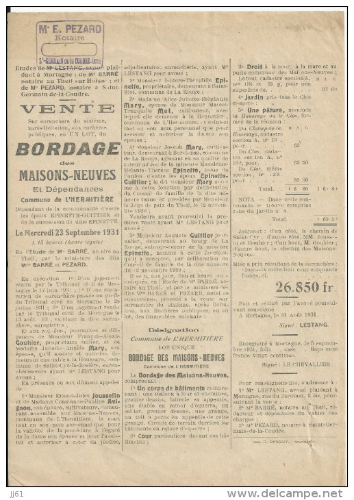 L HERMITIERE VENTE BORDAGE DES MAISONS NEUVES NOTAIRE BARRE LE THEIL SUR HUISNE ANNEE 1931 FAMILLE GOUHIER MARY EPINETTE - Plakate