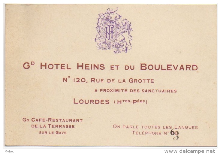 Carte De Visite. Lourdes. Hôtel Heins &amp; Du Boulevard. 120 Rue De La Grotte. - Cartes De Visite