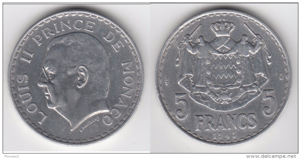 MONACO **** 5 FRANCS 1945 - ALUMINIUM - LOUIS II **** EN ACHAT IMMEDIAT !!! - 1922-1949 Louis II