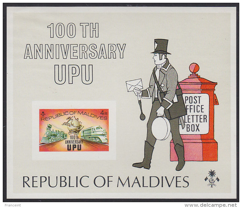 Maldives UPU 100th Anniversary Imperf Souvenir Sheet. Scott 502. - Maldive (1965-...)