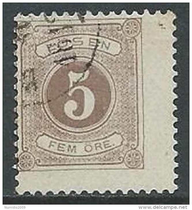 1874-82 SVEZIA USATO SEGNATASSE 5 ORE D. 13 - ZX7.3 - Impuestos