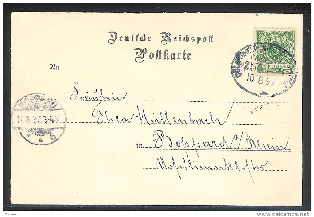 Mehrfachansicht "Gruß Vom Feuerschlösschen" 1897 Mit MiNr.: 46 Bahnstempel CÖLN(RHEIN)-NIEDERLAHNSTEIN) Zug 119 - Briefe U. Dokumente