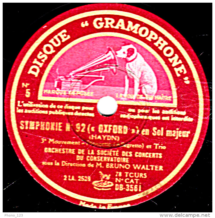 78 Trs 30 Cm  état  TB - ORCHESTRE DES CONCERTS DU CONSERVATOIRE - SYMPHONIE N° 92 (OXFORD)  3e Et 4e Mouvements - 78 T - Disques Pour Gramophone