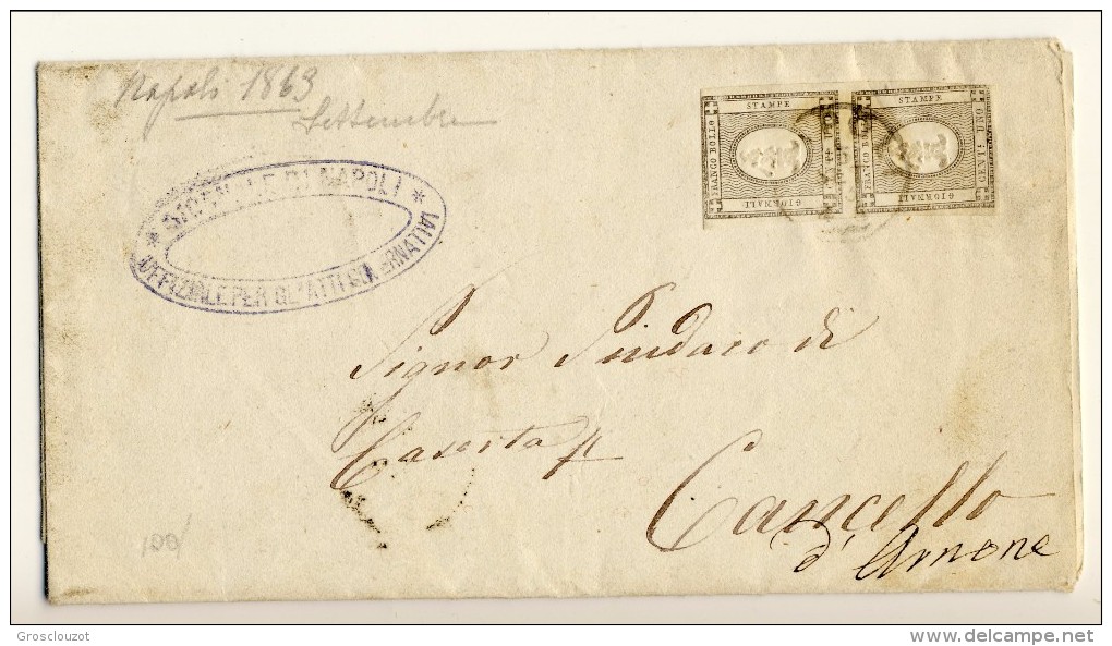 Piego Da Napoli A S. Felice Cancello 16-9-1863 Affrancato Con Coppia Verticale Del N. 19 C. 1 Grigio Nero Non Dentellato - Storia Postale