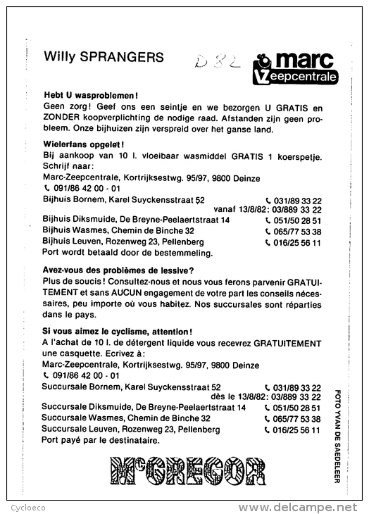 Willy SPRANGERS . 2 Scans. Cyclisme. Safir Marc 1982 - Radsport