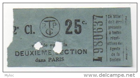 Ticket/Billet De Tram. Tramways Parisiens. T.C.R.P.  25 C. 2e Classe. Publicité Nicolas Au Dos. - Europa