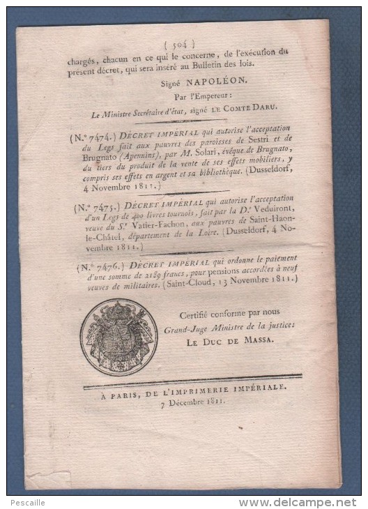 BULLETIN DES LOIS 1811 - MONTATAIRE OISE - MENDICITE BORDEAUX - DESERTEURS - DROITS D'IMPORTATION LAINES ETATS DU NORD - Décrets & Lois