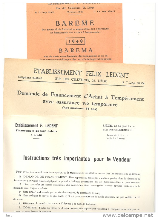 Ets F. LEDENT - Financement, Crédit à LIEGE 1949 - Lot De 3 Documents. - Autres & Non Classés