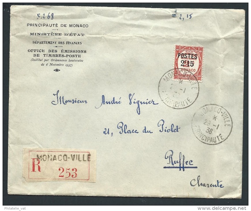MONACO - Enveloppe En Recommandée Pour Ruffec En 1938 - A Voir - Lot P13910 - Cartas & Documentos