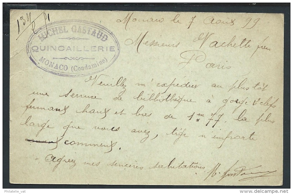 MONACO - Entier Postal Pour Paris En 1899 - A Voir - Lot P13912 - Entiers Postaux