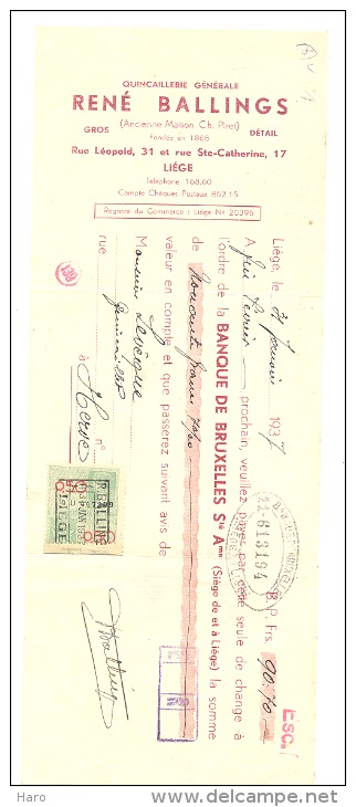 Reçu  De La Quincaillerie René BALLINGS à LIEGE En1937 - Autres & Non Classés