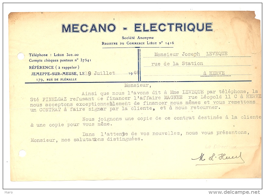 Lettre à Entête - MECANO - ELECTRIQUE à JEMEPPE - Sur - MEUSE En 1948 - Autres & Non Classés