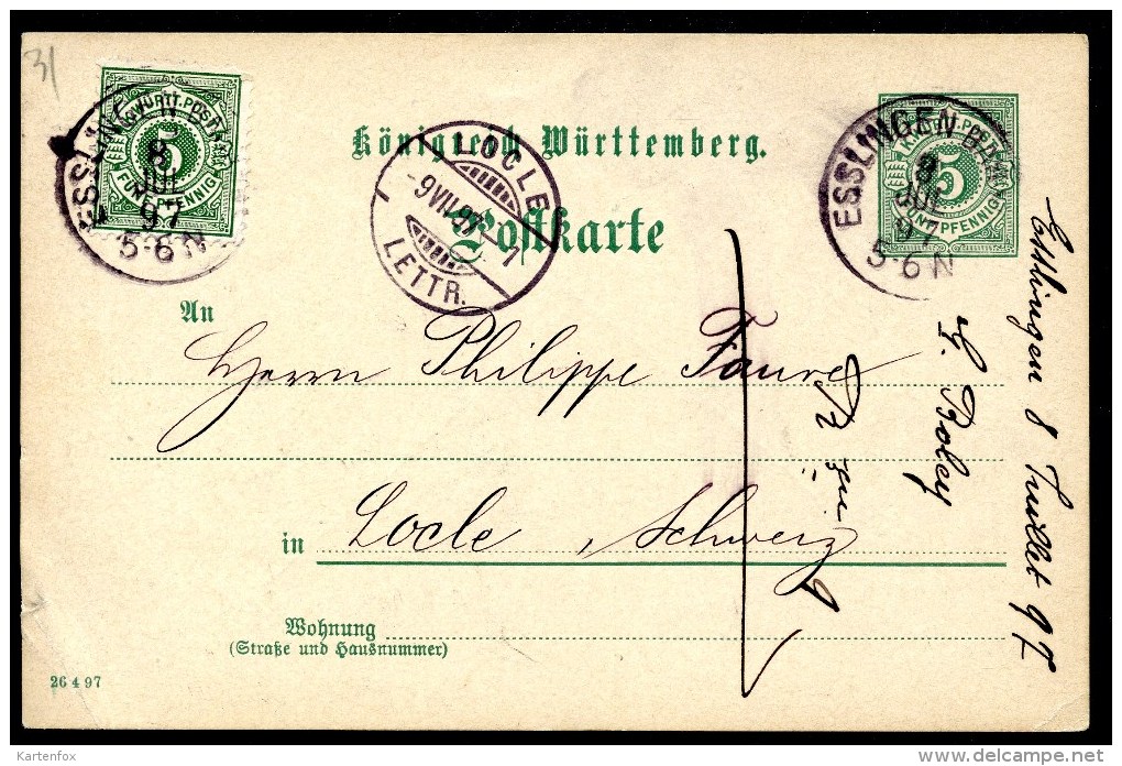 Ganzsache, Königreich Württemberg, Postkarte,Esslingen 8.7.1897 Nach Locle (Neuenburg,Schweiz,9.7.1897) - Sonstige & Ohne Zuordnung