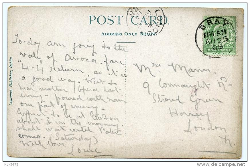 GLENDALOUGH : LOWER LAKE / POSTMARK - BRAY / ADDRESS - LONDON, STROUD GREEN, CONNAUGHT ROAD, HORNSEY - Wicklow