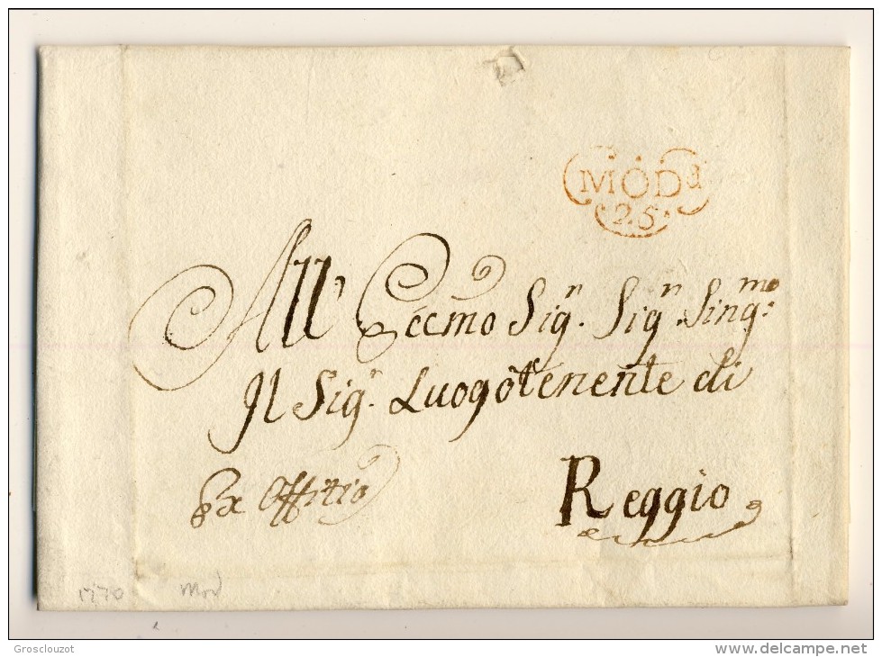 Modena. Eccezionale raccolta 150 pieghi 1770-1798 su carta pergamena con annulli a cuore serie rosso-verde-nero. € 1100;