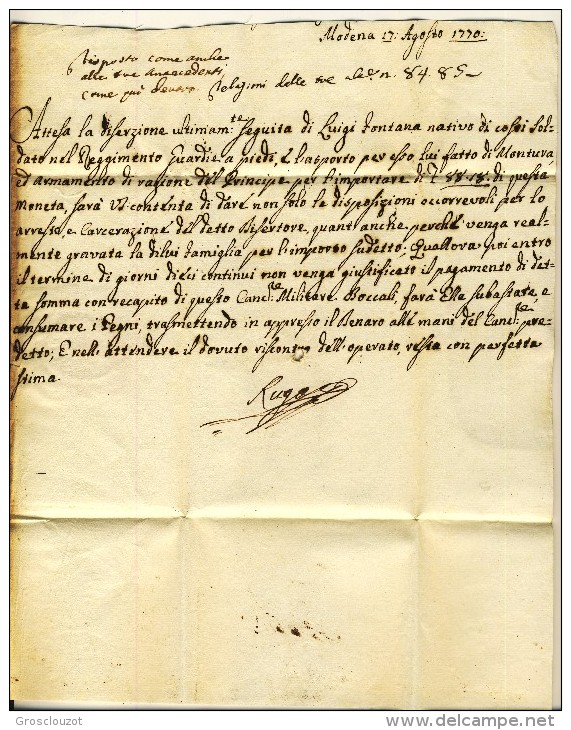 Modena. Eccezionale raccolta 150 pieghi 1770-1798 su carta pergamena con annulli a cuore serie rosso-verde-nero. € 1100;