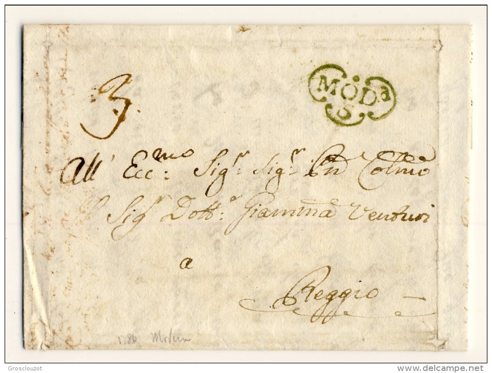 Modena. Eccezionale raccolta 150 pieghi 1770-1798 su carta pergamena con annulli a cuore serie rosso-verde-nero. € 1100;