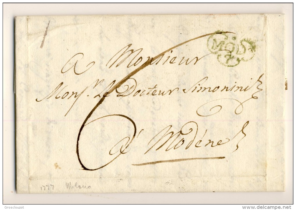 Modena. Eccezionale raccolta 150 pieghi 1770-1798 su carta pergamena con annulli a cuore serie rosso-verde-nero. € 1100;