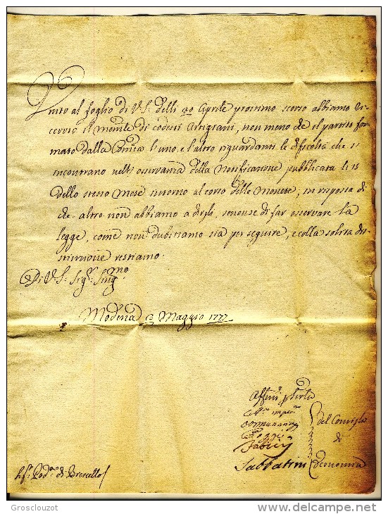 Modena. Eccezionale raccolta 150 pieghi 1770-1798 su carta pergamena con annulli a cuore serie rosso-verde-nero. € 1100;