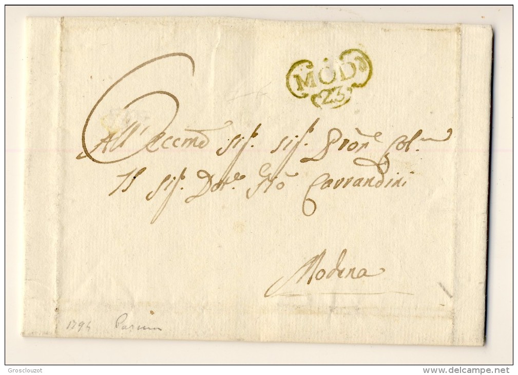 Modena. Eccezionale raccolta 150 pieghi 1770-1798 su carta pergamena con annulli a cuore serie rosso-verde-nero. € 1100;