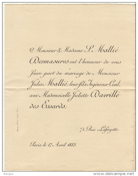 Mariage Maillé - Davrillé Des Essards Passy 1883 - Mariage