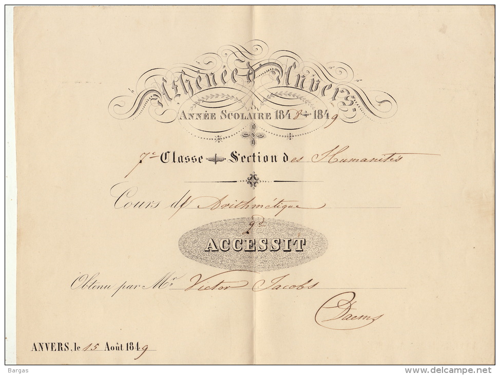 Athénée D'anvers 1848 - 1849 Accessit Daems Fond Du Ministre Jacobs Victor - Diplômes & Bulletins Scolaires