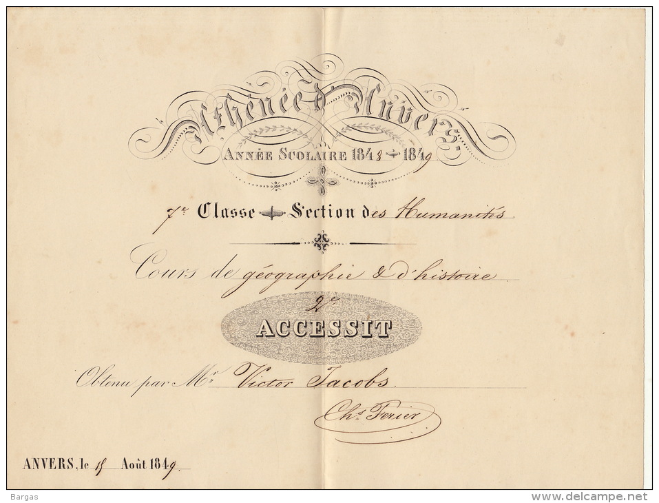 Athénée D´anvers 1848 - 1849 Accessit Daems Fond Du Ministre Jacobs Victor - Diplômes & Bulletins Scolaires