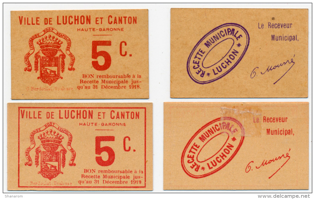 LUCHON &amp; CANTON //  Haute Garonne //  2 X 5 &amp; 3 X 10  Centimes - Bons & Nécessité