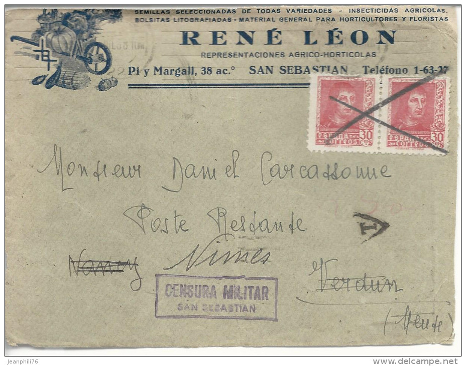 En-tête René Léon >> Verdun >> Nîmes "censura Militar San Sebastian" - Nationalists Censor Marks