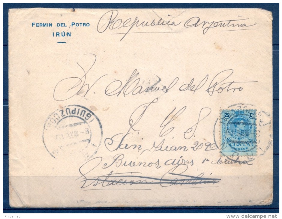 1919 , GUIPÚZCOA , SOBRE CIRCULADO ENTRE IRÚN Y ESTACIÓN CASALINS EN ARGENTINA, TRÁNSITOS , LLEGADA - Lettres & Documents