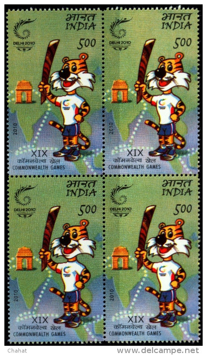 SPORTS-COMMONWEALTH GAMES-MASCOT WITH TORCH & RELAY ROUTE-BLOCK OF 4-INDIA-2010-MNH-B6-450 - Unused Stamps