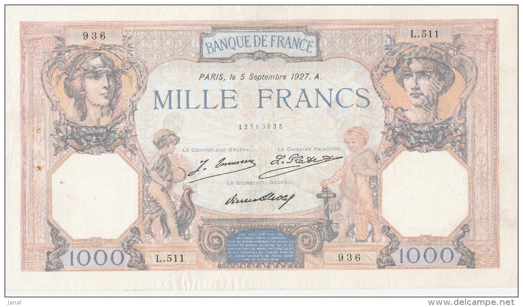 - BILLETS -  1000 F - CERES ET MERCURE - N° L . 511 - 936 - 5 SEPTEMBRE 1927 . A . - 1 000 F 1927-1940 ''Cérès Et Mercure''