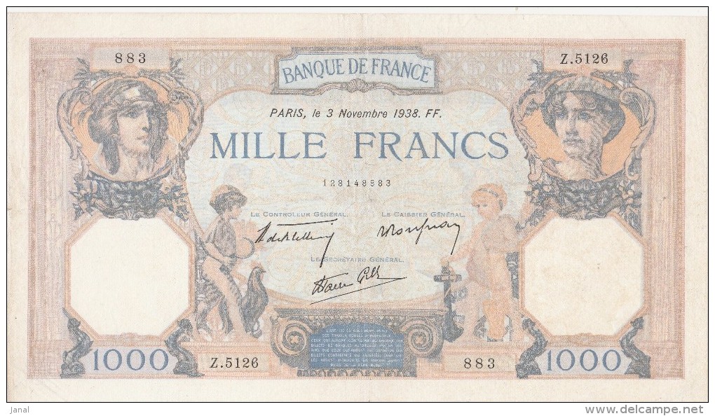 - BILLETS -  1000 F - CERES ET MERCURE -  N° - Z . 5126 -883 - 3 NOVEMBRE 1938. - 1 000 F 1927-1940 ''Cérès Et Mercure''