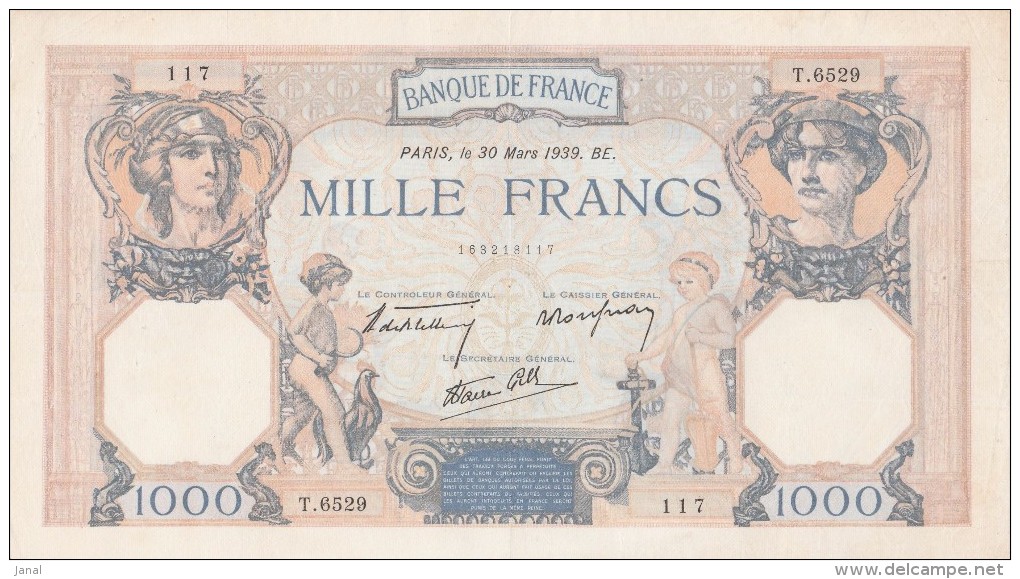 - BILLETS -  1000 F - CERES ET MERCURE -  N°T . 6529 - 117 - 30 MARS 1939 . BE  - . - 1 000 F 1927-1940 ''Cérès Et Mercure''