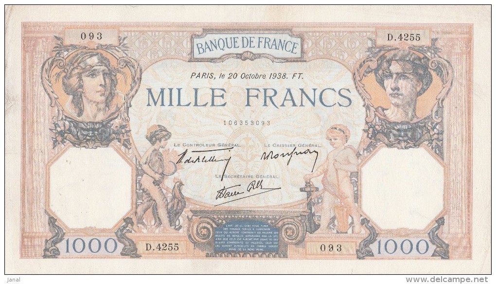 - BILLETS -  1000 F - CERES ET MERCURE -  N°- D 4255 - 093  -  20  OCTOBRE 1938 - F T - 1 000 F 1927-1940 ''Cérès Et Mercure''