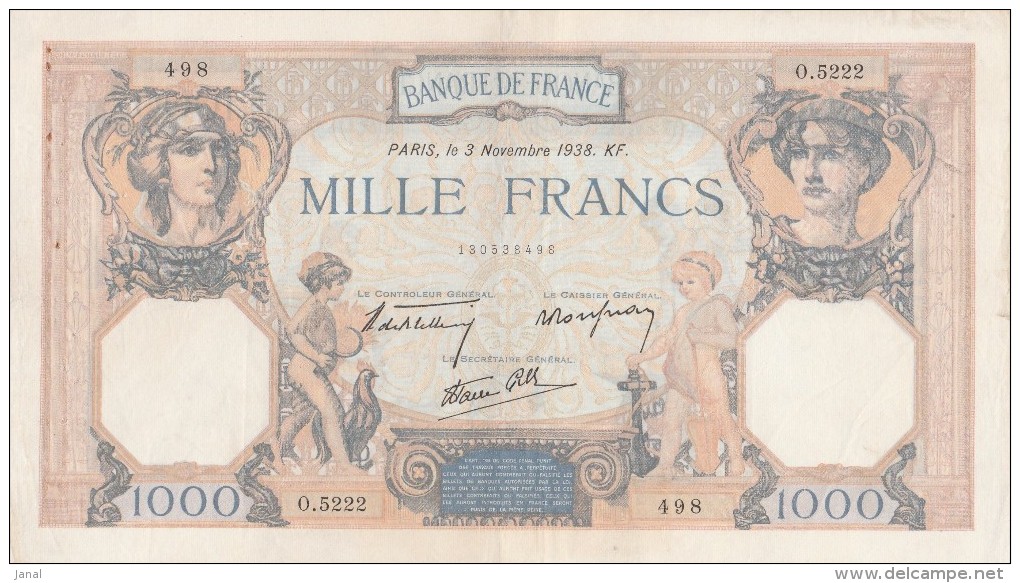 - BILLETS -  1000 F - CERES ET MERCURE -  N°O.5222 - 498 - 3 NOVEMBRE 1938 - KF - 1 000 F 1927-1940 ''Cérès Et Mercure''