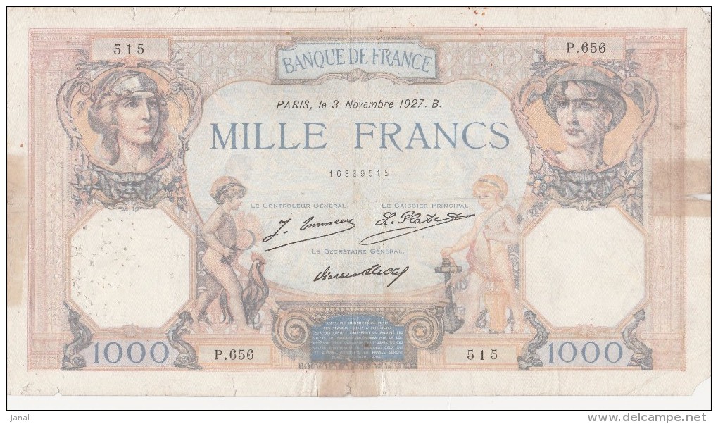 - BILLETS -  1000 F - CERES ET MERCURE -  N° P 656 - 515 - 3 NOVEMBRE 1927 B - - 1 000 F 1927-1940 ''Cérès Et Mercure''