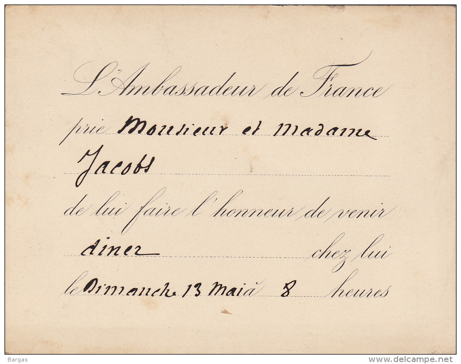 Invitation Ambassadeur De France Vers 1870  Fond Ministre Jacobs - Autres & Non Classés