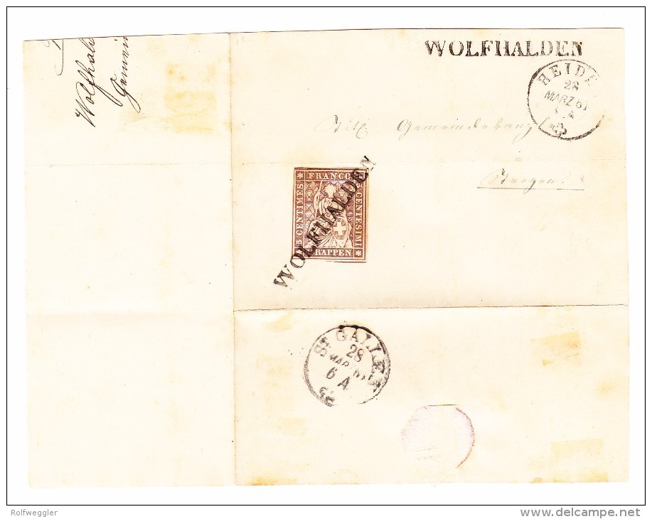 Heimat AR Wolfhalden Balkenstempel 5Rp. Strubel 28.3.1861 Heiden Auf Briefstück - Covers & Documents