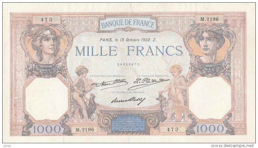 BILLETS - 1000 F CERES ET MERCURE - N° M . 2196 - 473 - 13 OCTOBRE 1932. Z . - 1 000 F 1927-1940 ''Cérès Et Mercure''