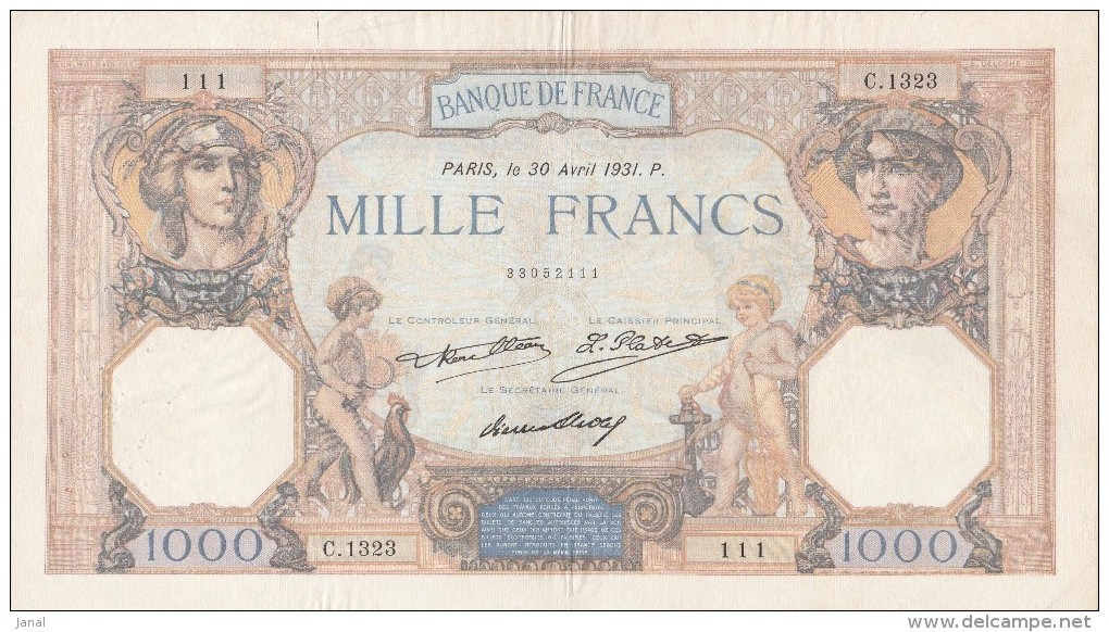 BILLETS - 1000 F CERES ET MERCURE - N°  C  . 1323 - 111 - 30 AVRIL 1931 . P . - 1 000 F 1927-1940 ''Cérès Et Mercure''