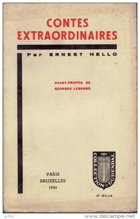 Contes Extraordinaires, Ernest Hello, Préface De Georges Legrand Durendal, 1934, 208 Pages - Auteurs Belges