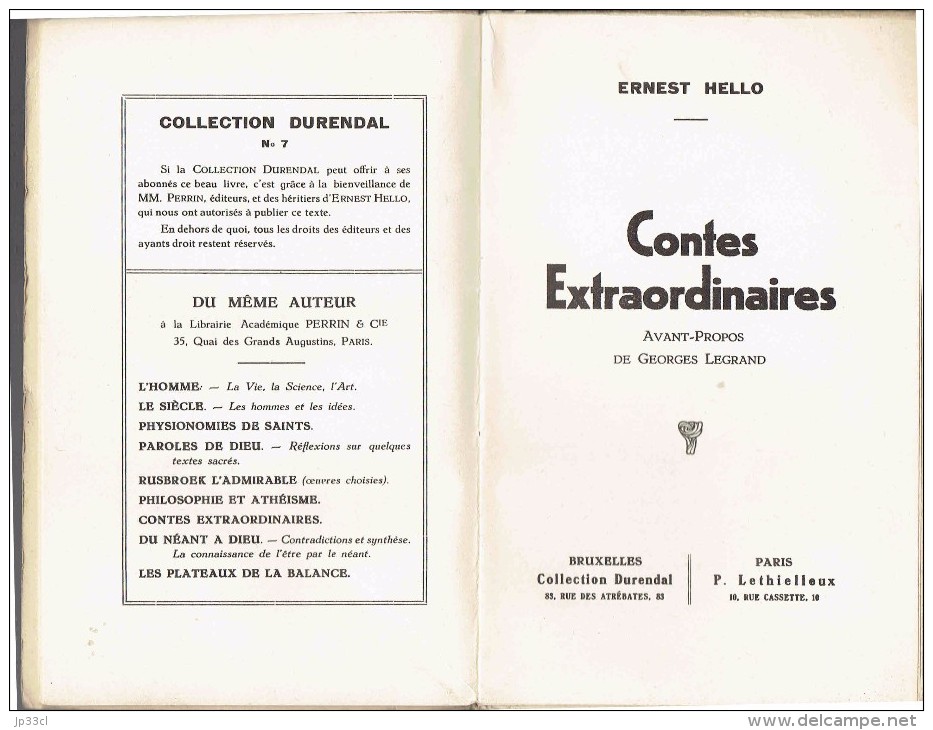 Contes Extraordinaires, Ernest Hello, Préface De Georges Legrand Durendal, 1934, 208 Pages - Auteurs Belges