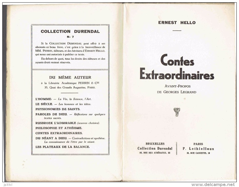 Contes Extraordinaires, Ernest Hello, Préface De Georges Legrand Durendal, 1934, 208 Pages - Belgische Schrijvers