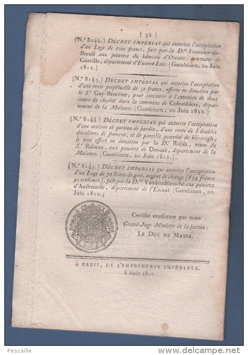BULLETIN DES LOIS 1812 - CREUSE - DAMES DE MONTFERMEIL - ACTES ECHANGES AVEC DOMAINE DE LA COURONNE - - Décrets & Lois