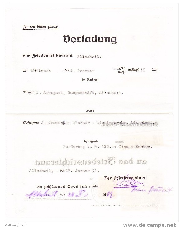 Heimat BL Allschwil 28.1.1931 R-Gerichtsurkundemit 4er Block PJ 10Rp. 1931 Und 20Rp. Tellbrust - Lettres & Documents